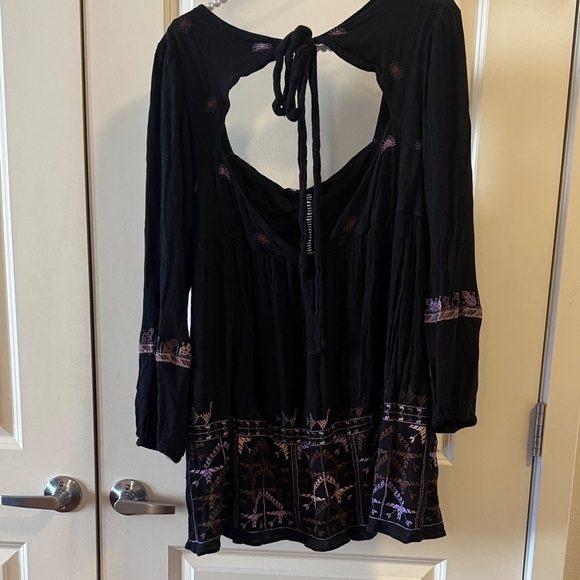 EUC Free People Rhiannon Embroidered Black Purple Bohemian Babydoll Mini Dress M - Picture 7 of 12